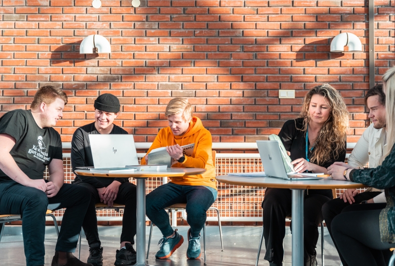 Bilde av fem studenter og en lærer som studerer sammen og arbeider med gruppearbeid med bøker og PC.